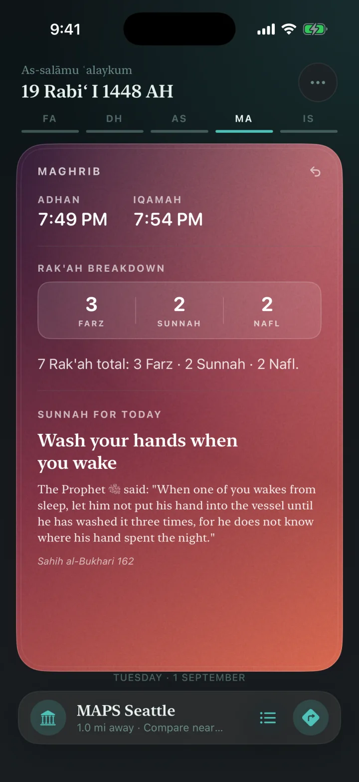 The back of a prayer card: the rak'ah breakdown for Maghrib, and the sunnah of the day with its hadith reference