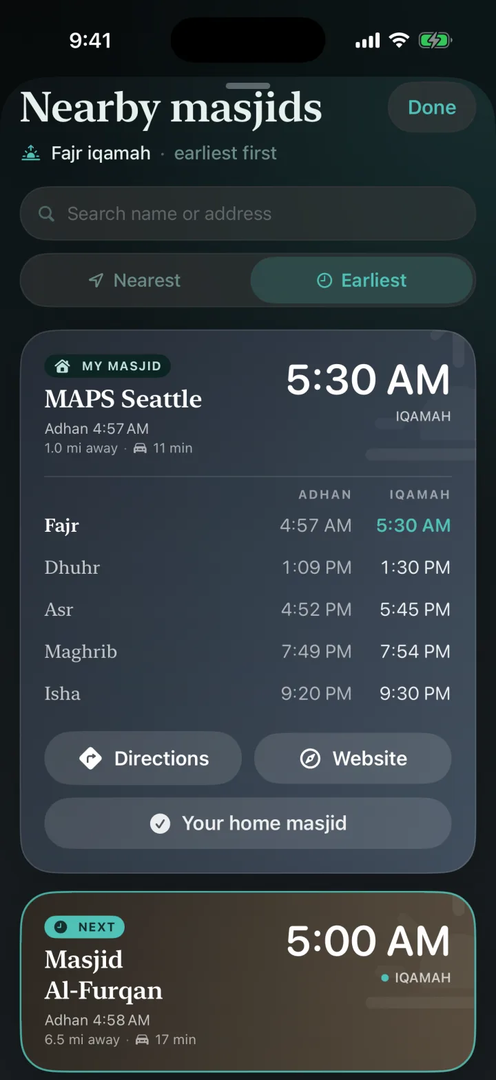 A masjid opened to its full day: adhan and iqamah columns for all five prayers, with Directions, Website, and home masjid buttons