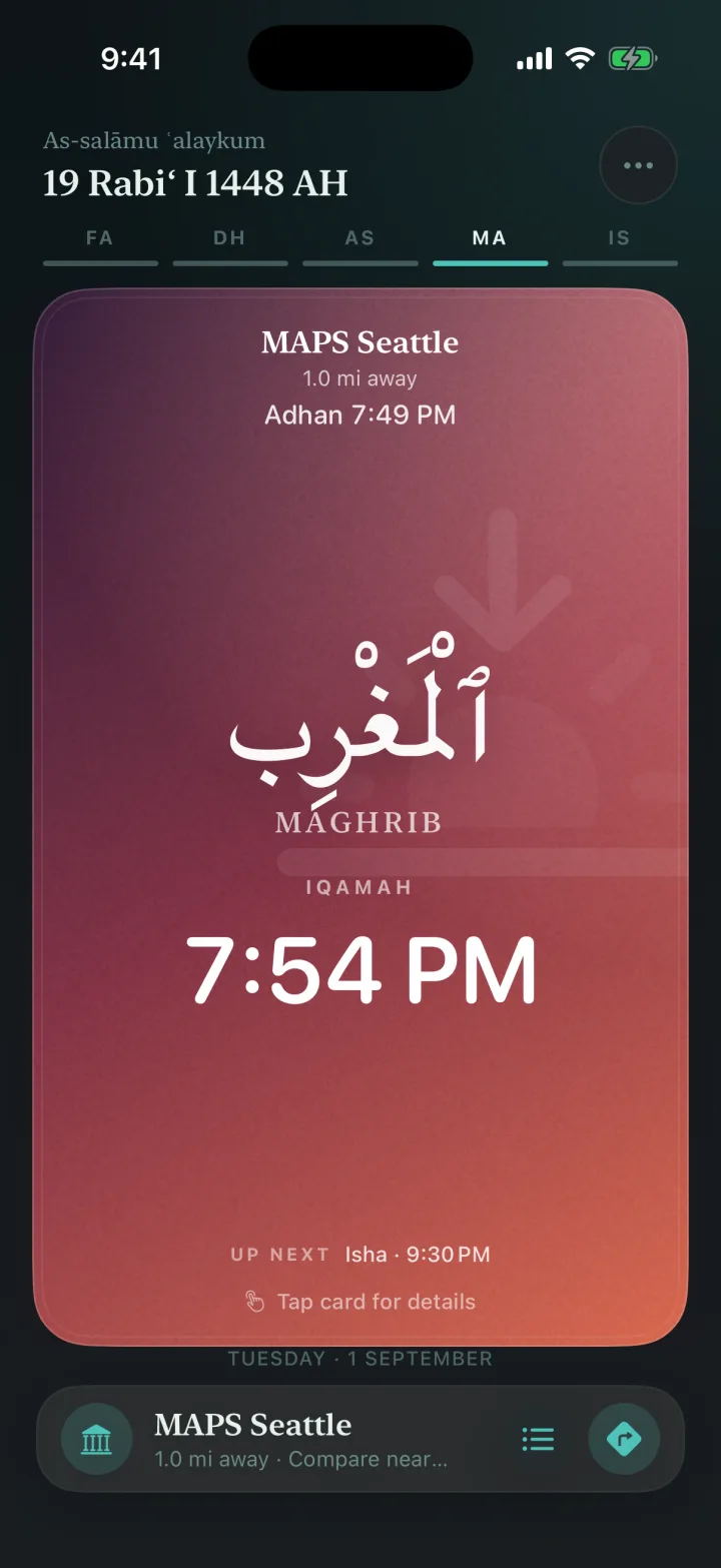 The'Salat home screen at Maghrib: the masjid's adhan time above its iqamah, with the next prayer below