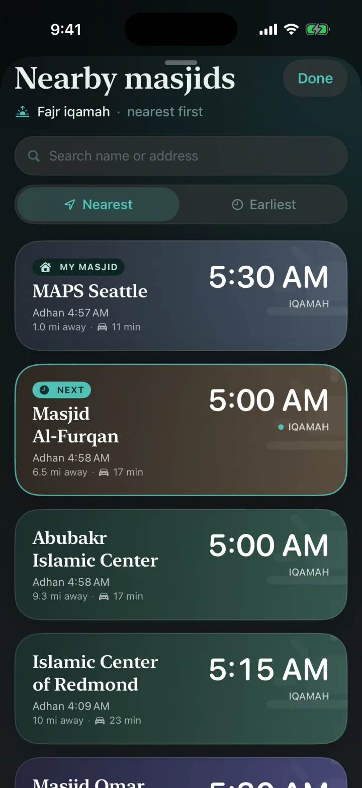Nearby masjids compared for the same prayer, with iqamah times, distance and drive time, and a control to sort by nearest or by earliest jama'ah