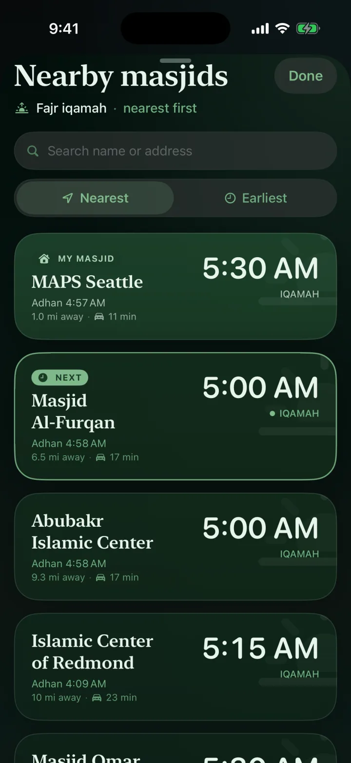 Nearby masjids in the Emerald Dusk theme