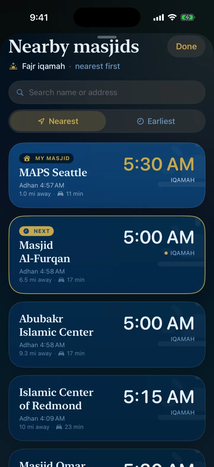 Nearby masjids in the Navy and Antique Gold theme