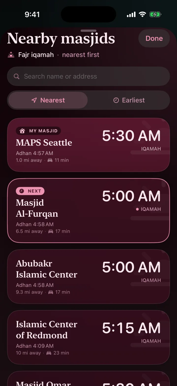 Nearby masjids in the Rose Quartz theme